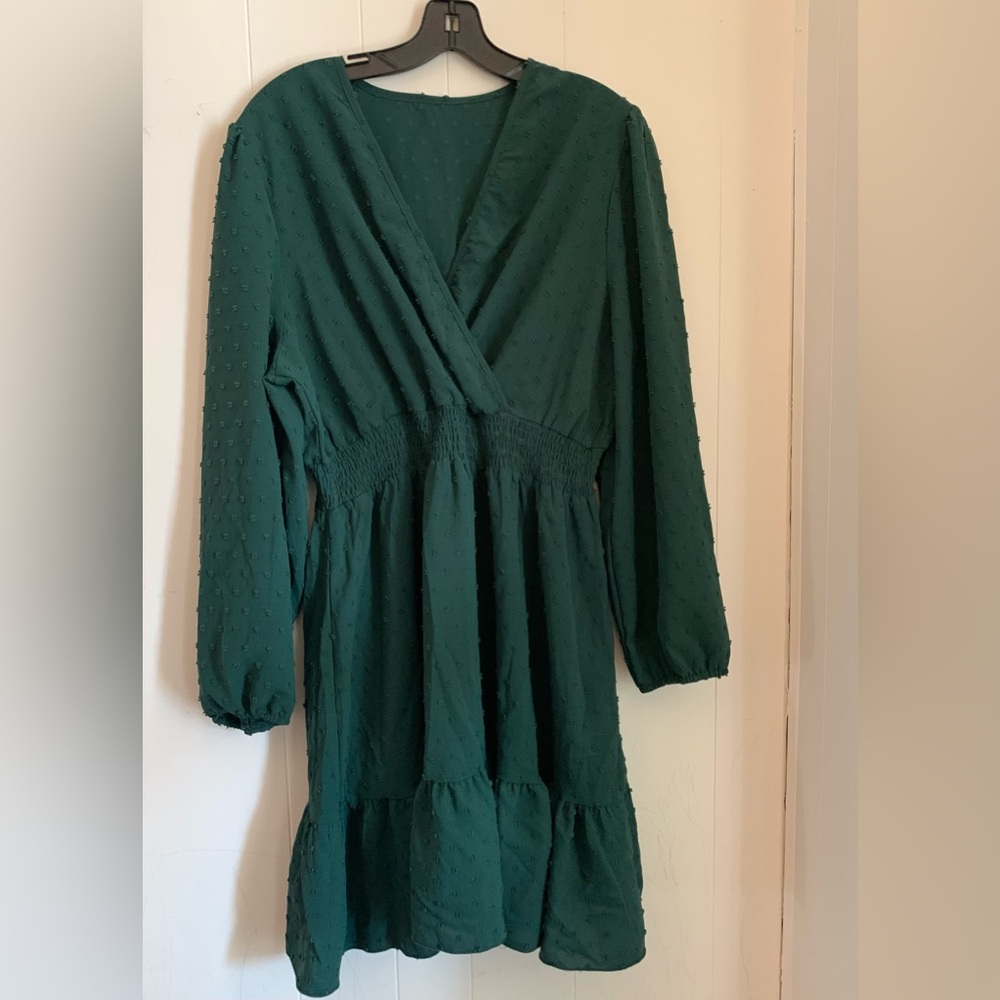 SHEIN Forest Green Long Sleeve Swiss Dot V-Neck Dress 1XL